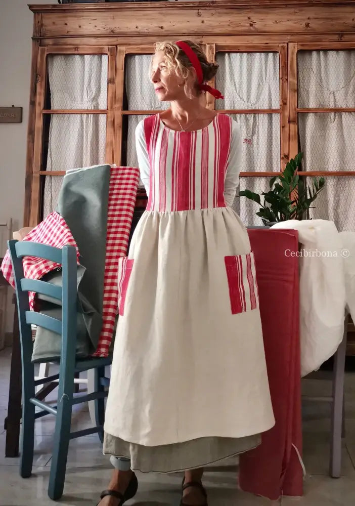 Grembiule in cotone vintage con dettagli in tessuto da materassi grembiule donna antico
