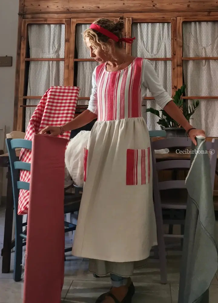 Grembiule in cotone vintage con dettagli in tessuto da materassi grembiule donna antico