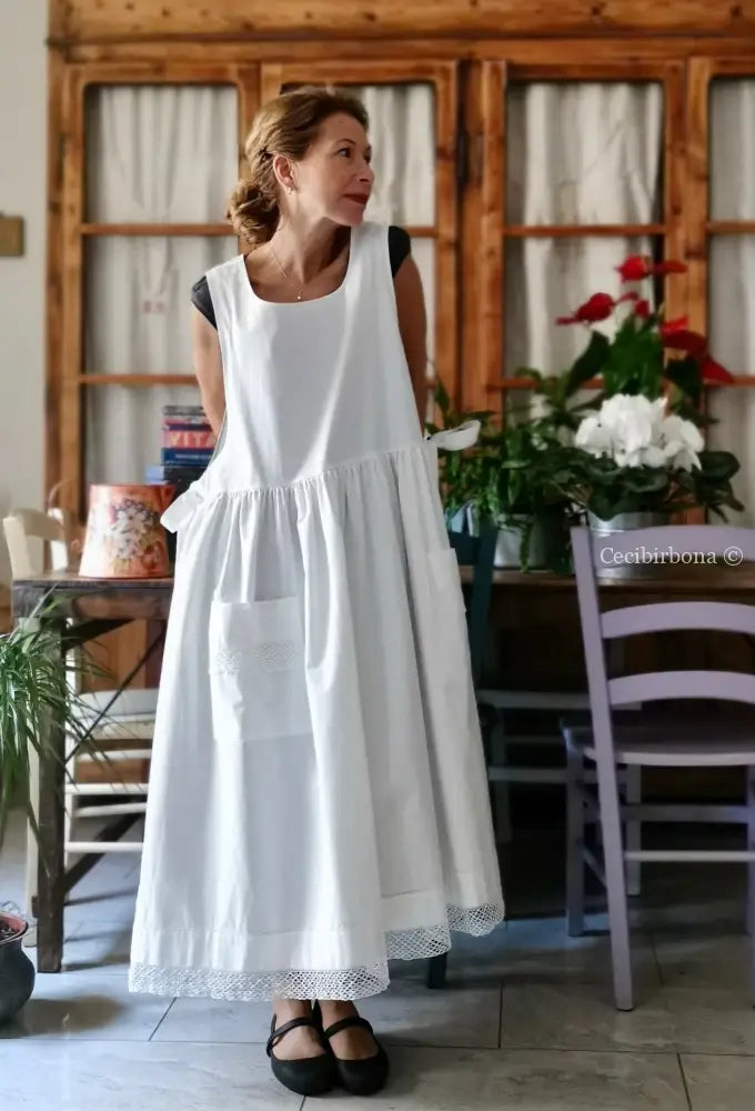 Grembiule in cotone vintage con pizzo e monogramma TS (Ref. 499) grembiule donna tessuti antichi
