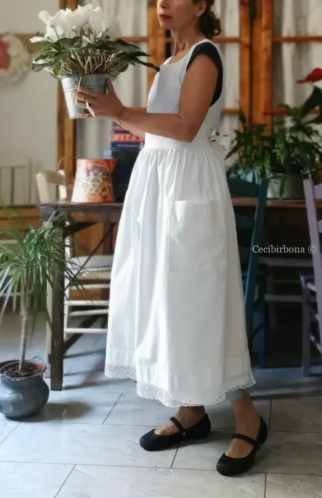 Grembiule in cotone vintage con pizzo e monogramma TS (Ref. 499) grembiule donna tessuti antichi