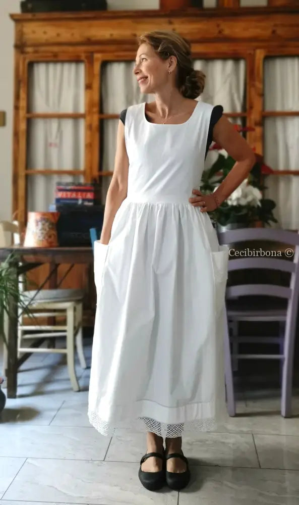 Grembiule in cotone vintage con pizzo e monogramma TS (Ref. 499) grembiule donna tessuti antichi