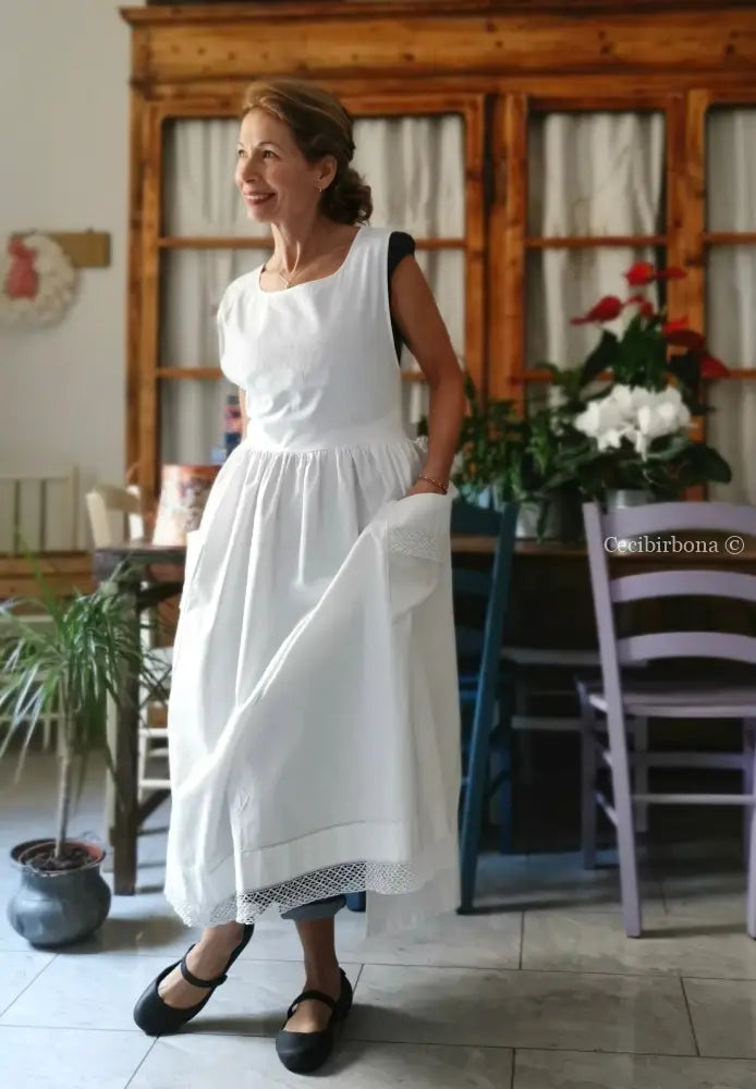 Grembiule in cotone vintage con pizzo e monogramma TS (Ref. 499) grembiule donna tessuti antichi