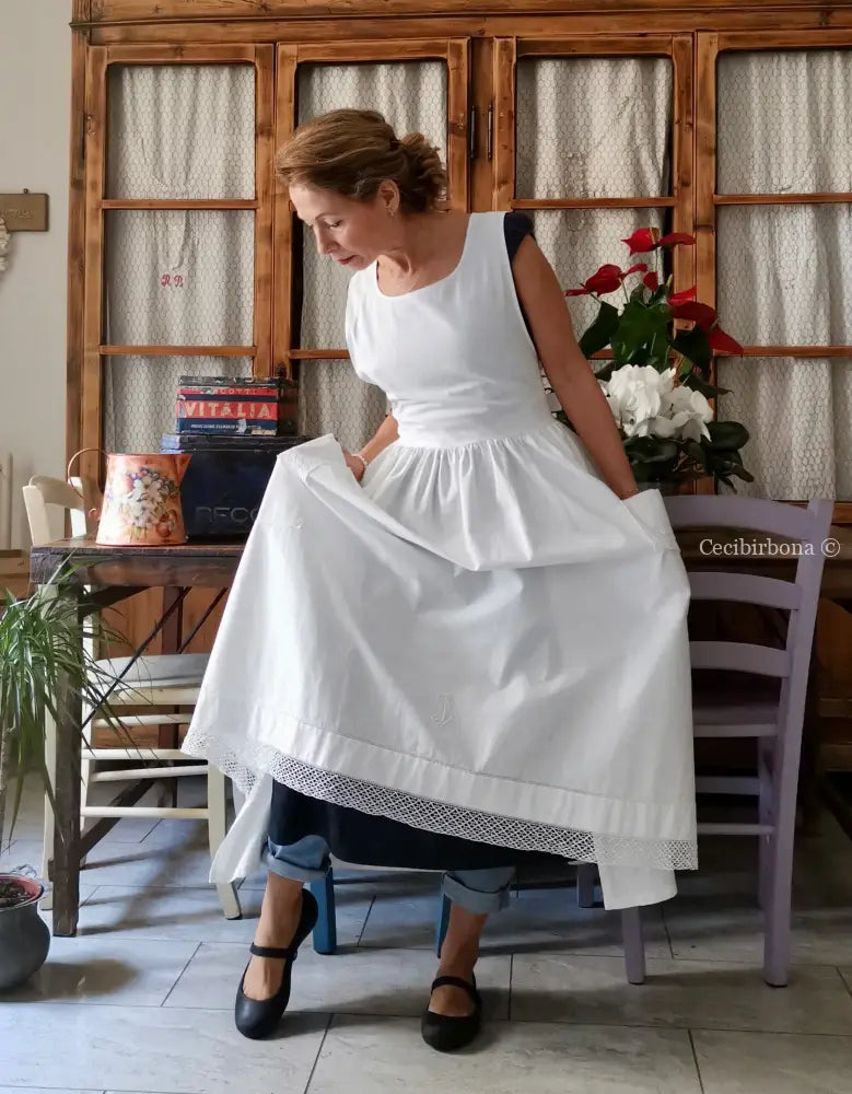 Grembiule in cotone vintage con pizzo e monogramma TS (Ref. 499) grembiule donna tessuti antichi