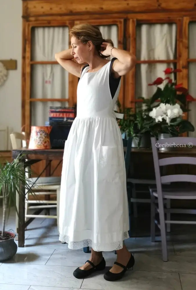 Grembiule in cotone vintage con pizzo e monogramma TS (Ref. 499) grembiule donna tessuti antichi