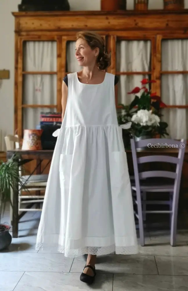 Grembiule in cotone vintage con pizzo e monogramma TS (Ref. 499) grembiule donna tessuti antichi