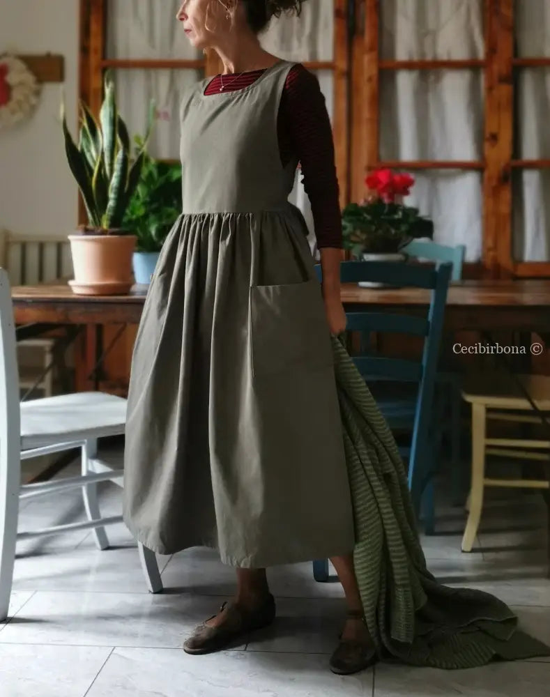 Grembiule in cotone vintage verde oliva (Ref. 452) grembiule donna tessuti moderni