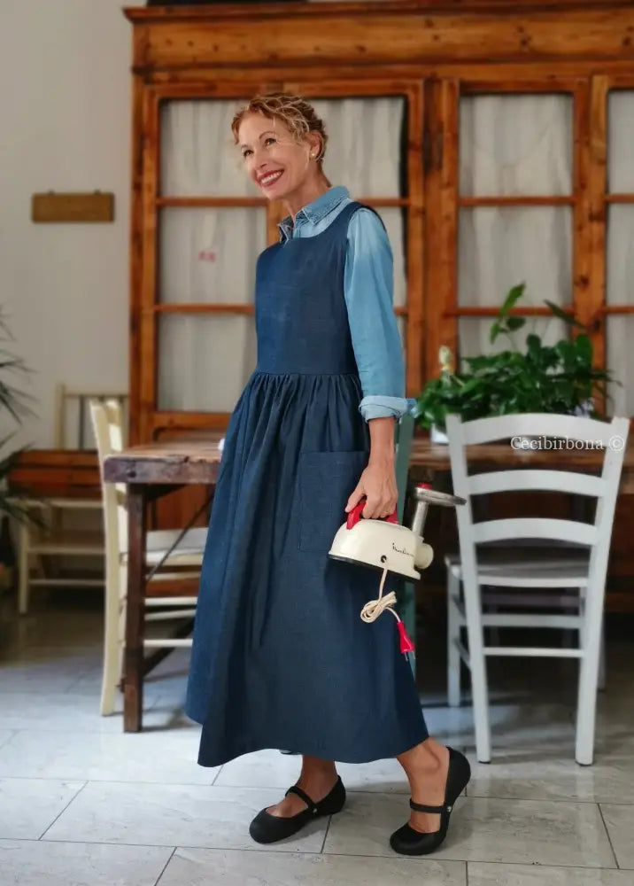 Grembiule in denim blu di lino (Ref. 400) grembiule donna tessuti moderni