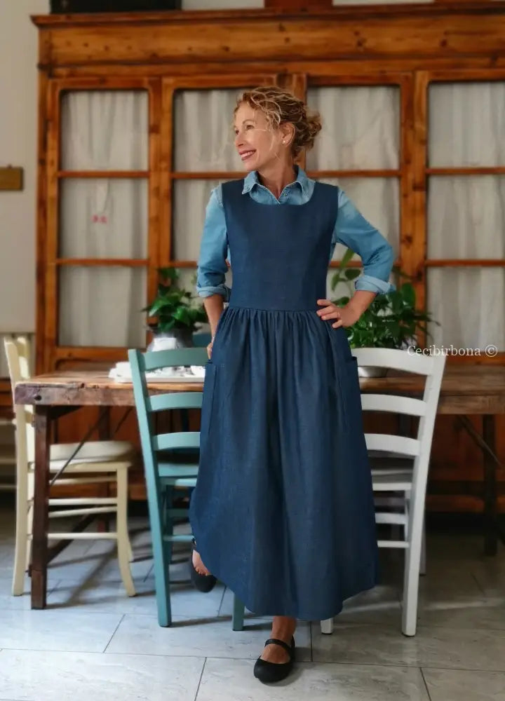Grembiule in denim blu di lino (Ref. 400) grembiule donna tessuti moderni