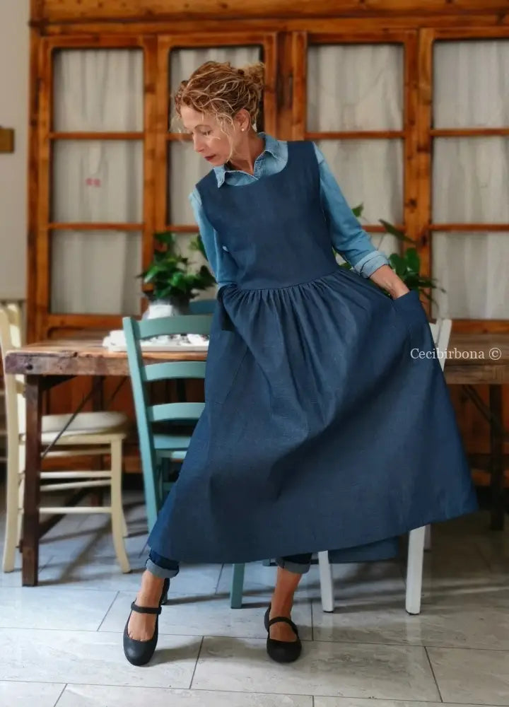 Grembiule in denim blu di lino (Ref. 400) grembiule donna tessuti moderni