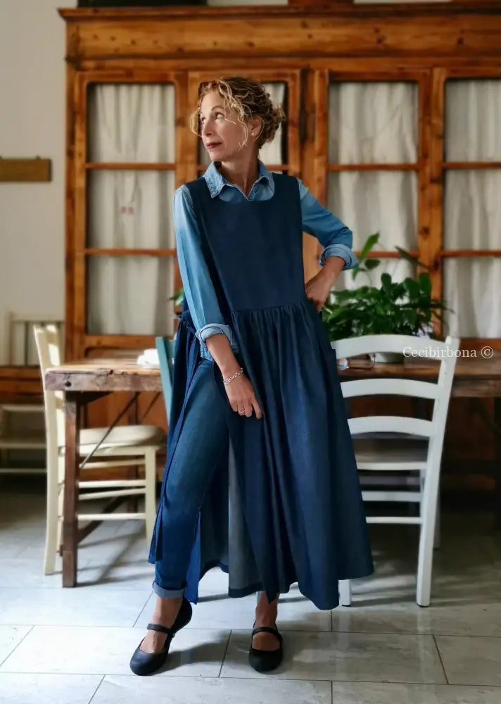 Grembiule in denim blu di lino (Ref. 400) grembiule donna tessuti moderni