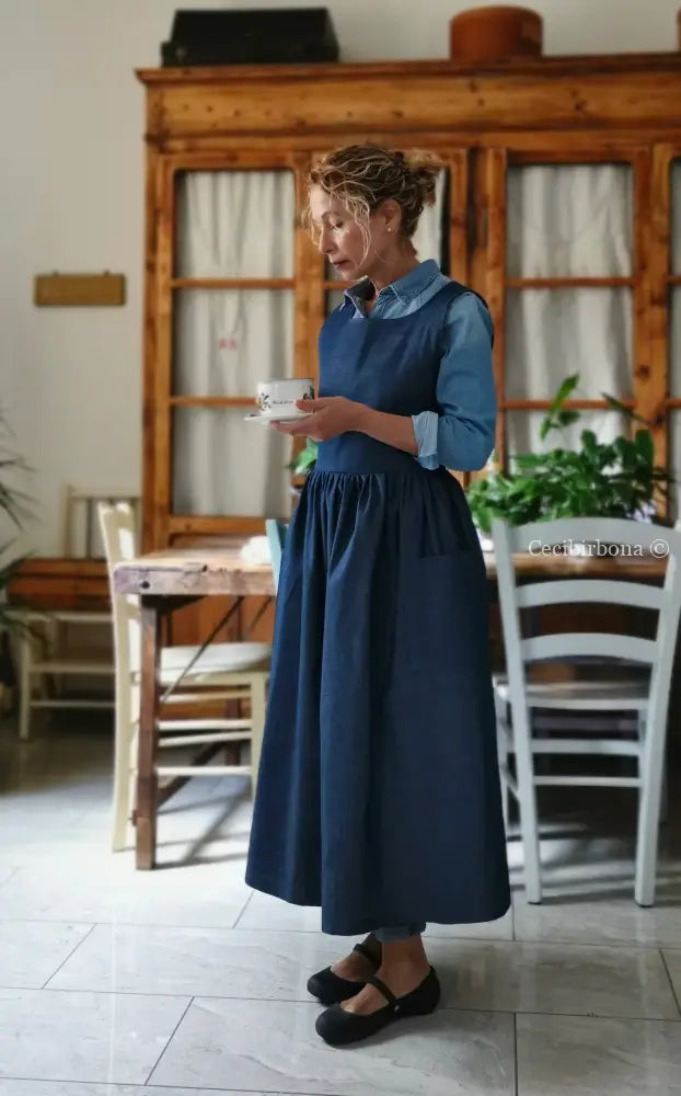 Grembiule in denim blu di lino (Ref. 400) grembiule donna tessuti moderni