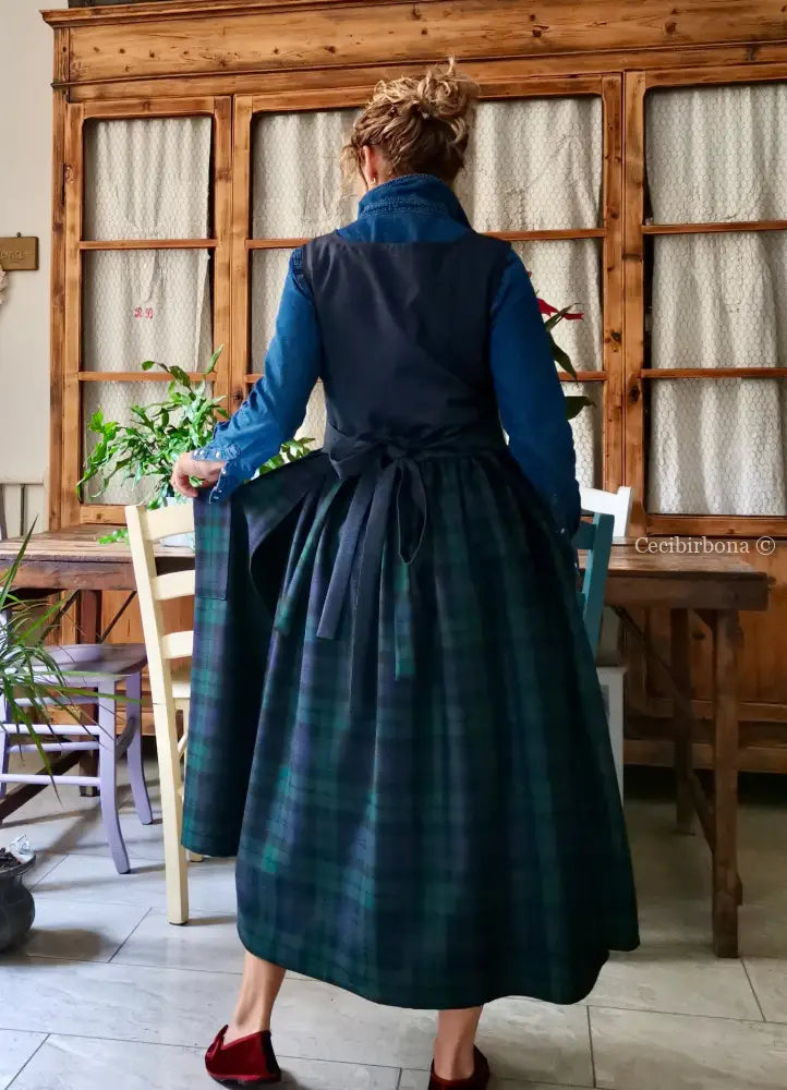 Grembiule in denim di lana e tartan blu e verde (Ref. 468) grembiule donna tessuti moderni