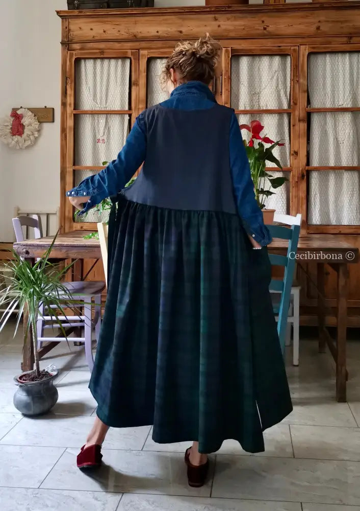 Grembiule in denim di lana e tartan blu e verde (Ref. 468) grembiule donna tessuti moderni