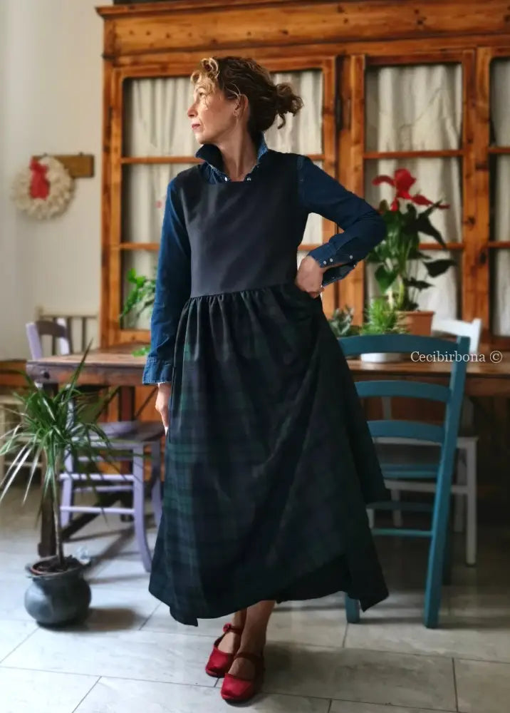 Grembiule in denim di lana e tartan blu e verde (Ref. 468) grembiule donna tessuti moderni