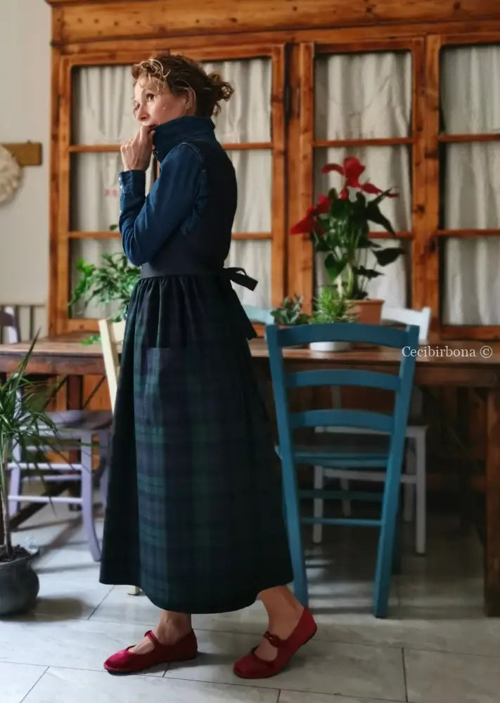 Grembiule in denim di lana e tartan blu e verde (Ref. 468) grembiule donna tessuti moderni