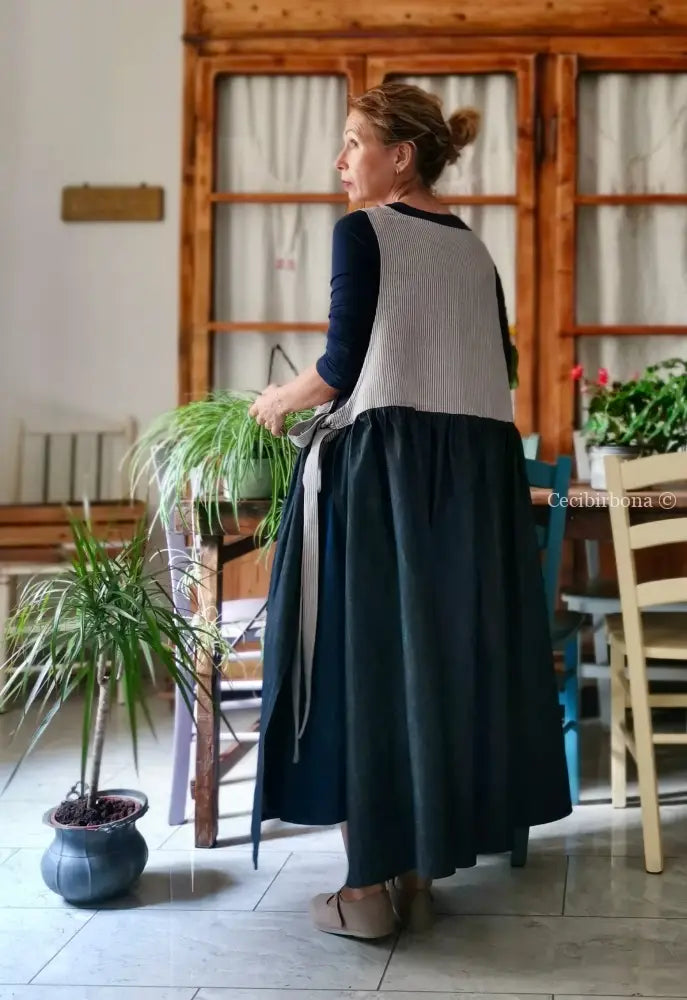 Grembiule in denim e lino a righe blu lurex (Ref. 511) - grembiule donna tessuti moderni