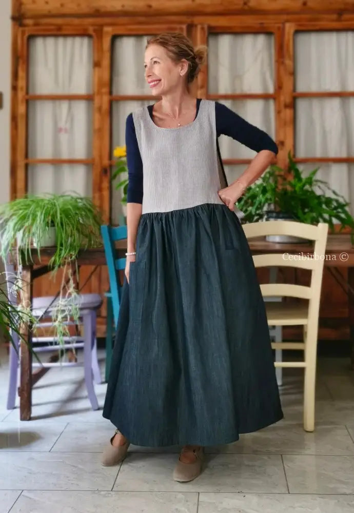 Grembiule in denim e lino a righe blu lurex (Ref. 511) - grembiule donna tessuti moderni