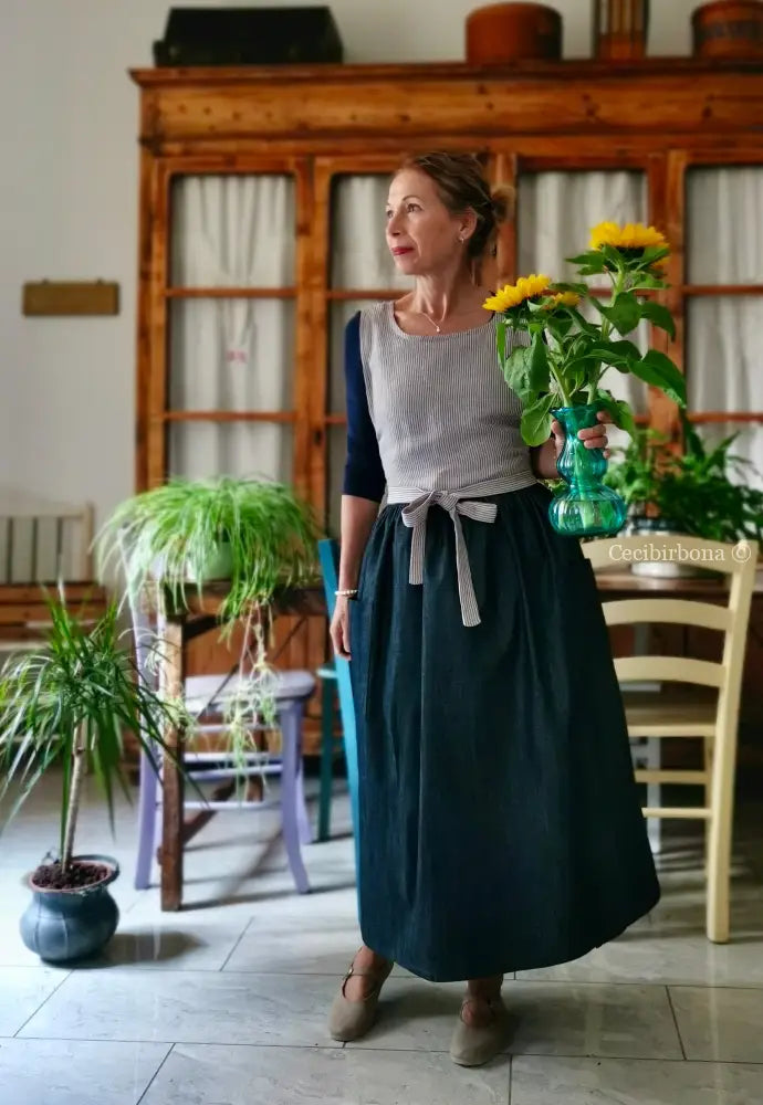 Grembiule in denim e lino a righe blu lurex (Ref. 511) - grembiule donna tessuti moderni