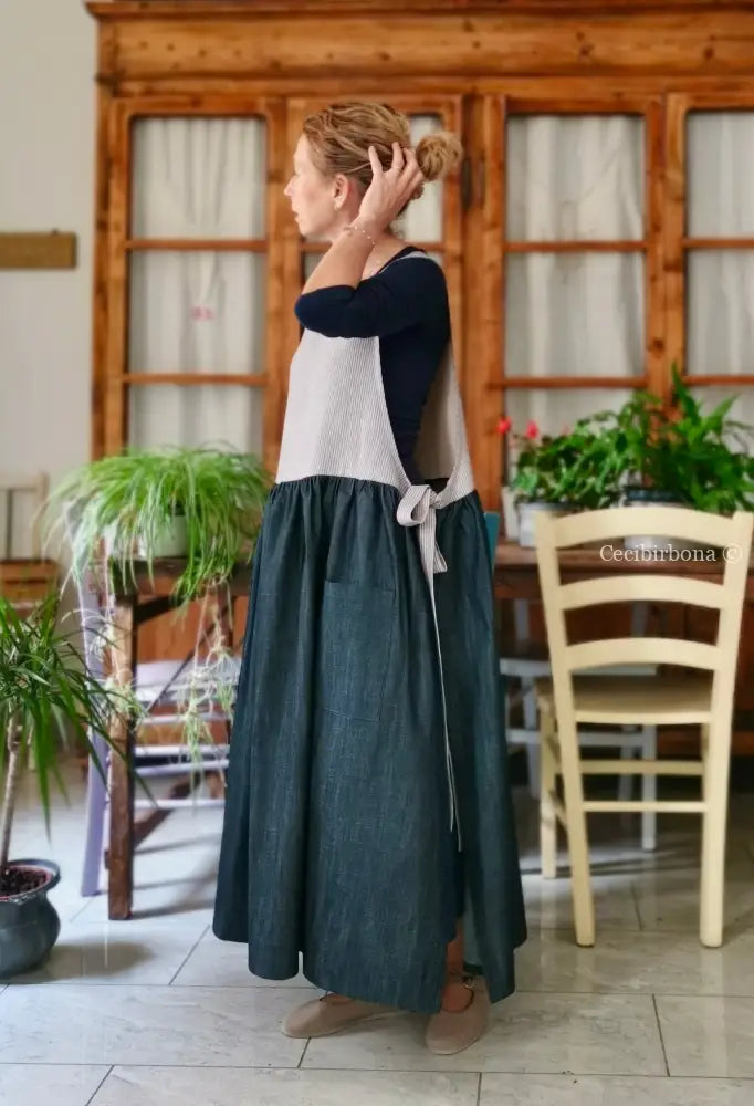 Grembiule in denim e lino a righe blu lurex (Ref. 511) - grembiule donna tessuti moderni
