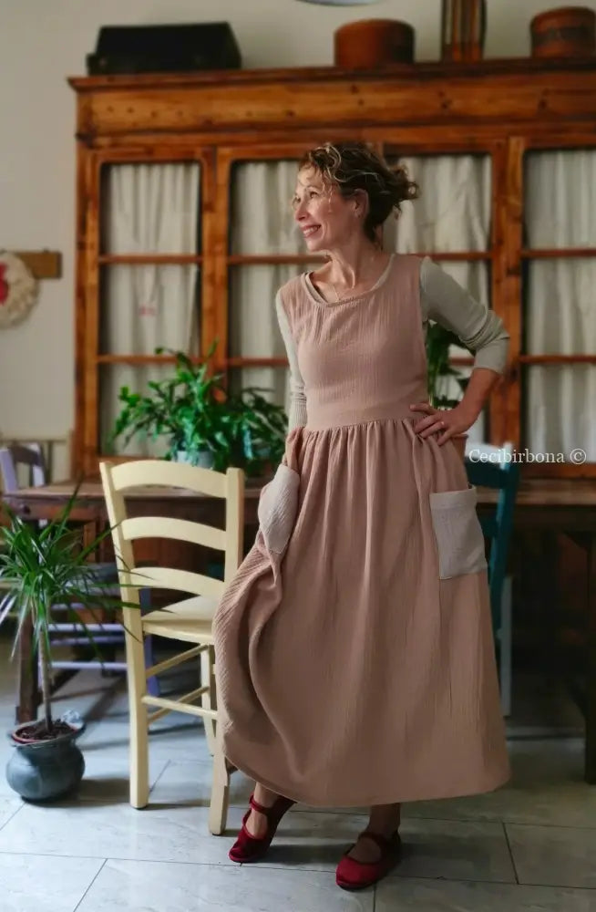 Grembiule in garza di cotone rosa antico e beige (Ref. 467) grembiule donna tessuti moderni