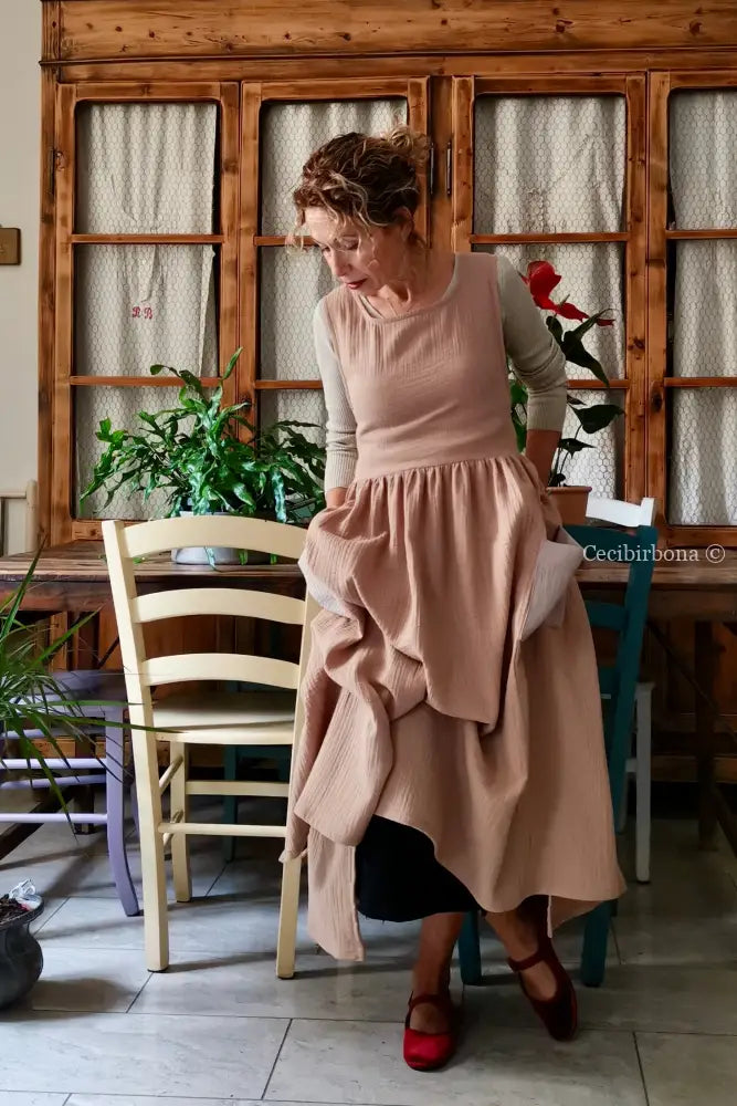Grembiule in garza di cotone rosa antico e beige (Ref. 467) grembiule donna tessuti moderni