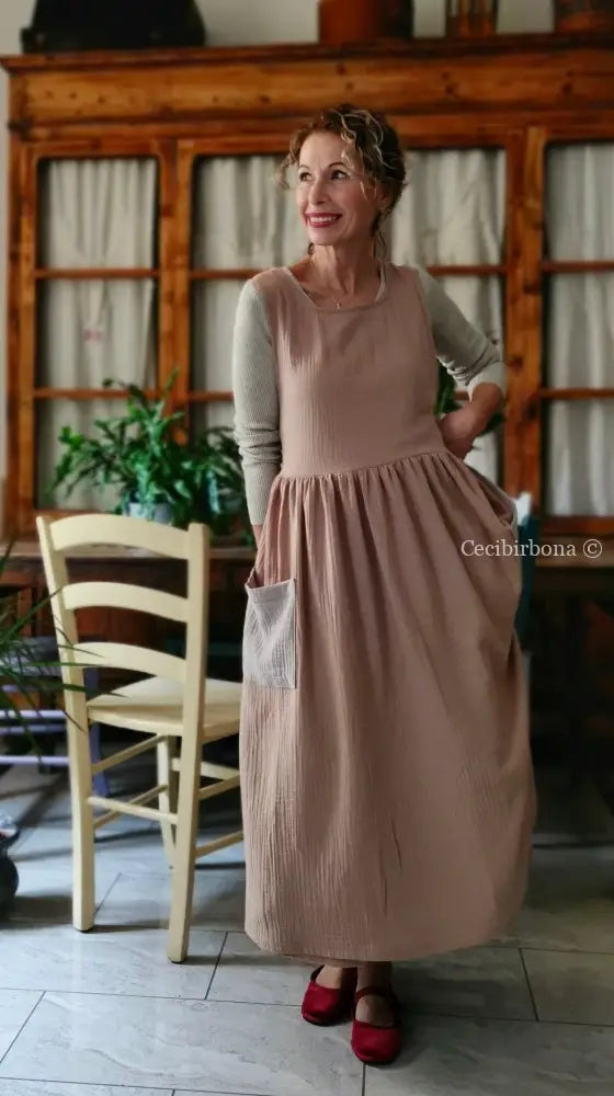 Grembiule in garza di cotone rosa antico e beige (Ref. 467) grembiule donna tessuti moderni