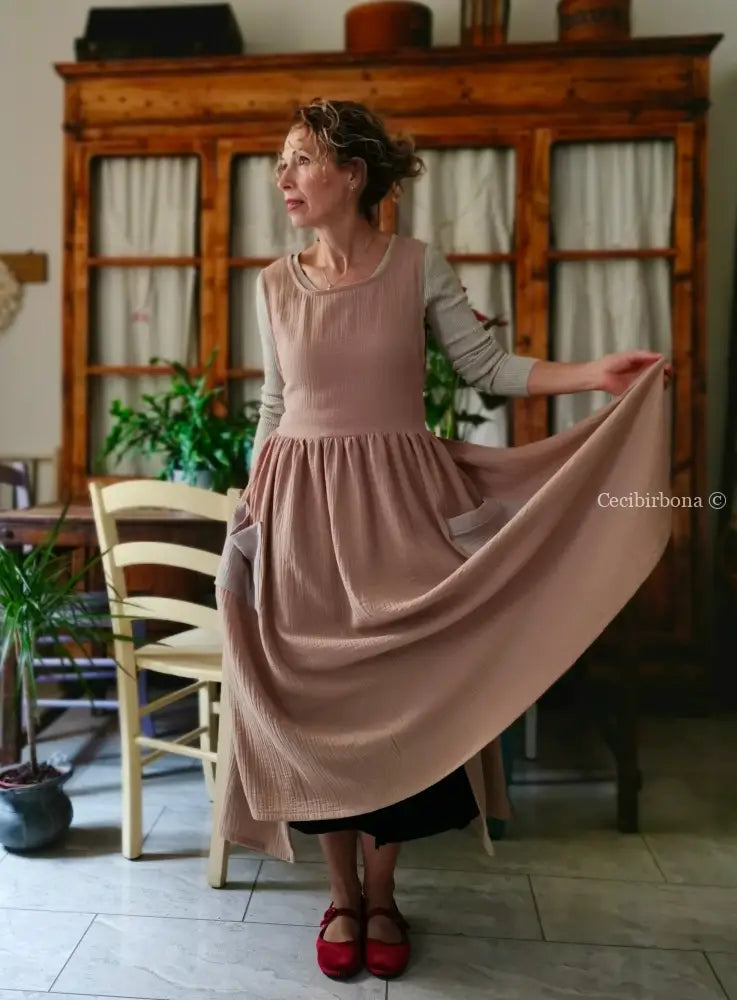 Grembiule in garza di cotone rosa antico e beige (Ref. 467) grembiule donna tessuti moderni