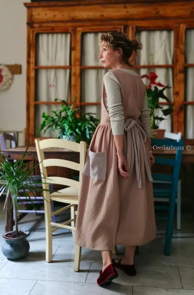 Grembiule in garza di cotone rosa antico e beige (Ref. 467) grembiule donna tessuti moderni