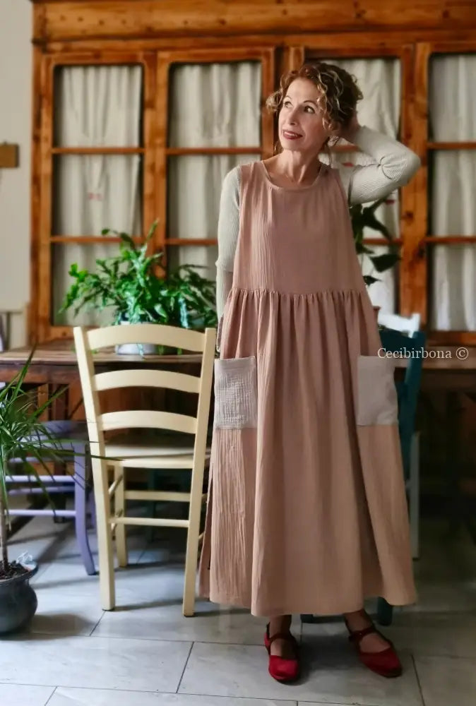Grembiule in garza di cotone rosa antico e beige (Ref. 467) grembiule donna tessuti moderni