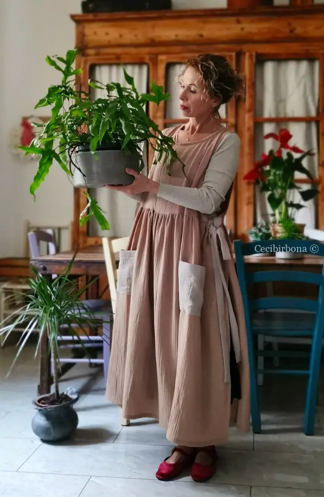 Grembiule in garza di cotone rosa antico e beige (Ref. 467) grembiule donna tessuti moderni