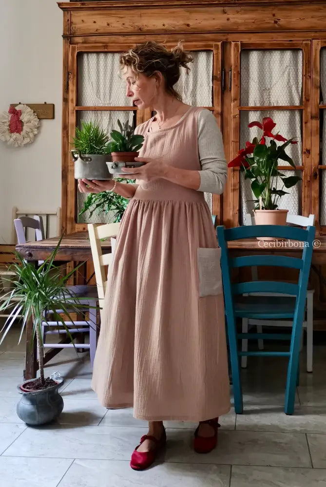 Grembiule in garza di cotone rosa antico e beige (Ref. 467) grembiule donna tessuti moderni