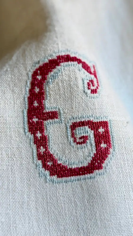 Grembiule in lino antico con monogramma PG e bordo all’uncinetto (Ref. 508) - grembiule donna tessuti antichi