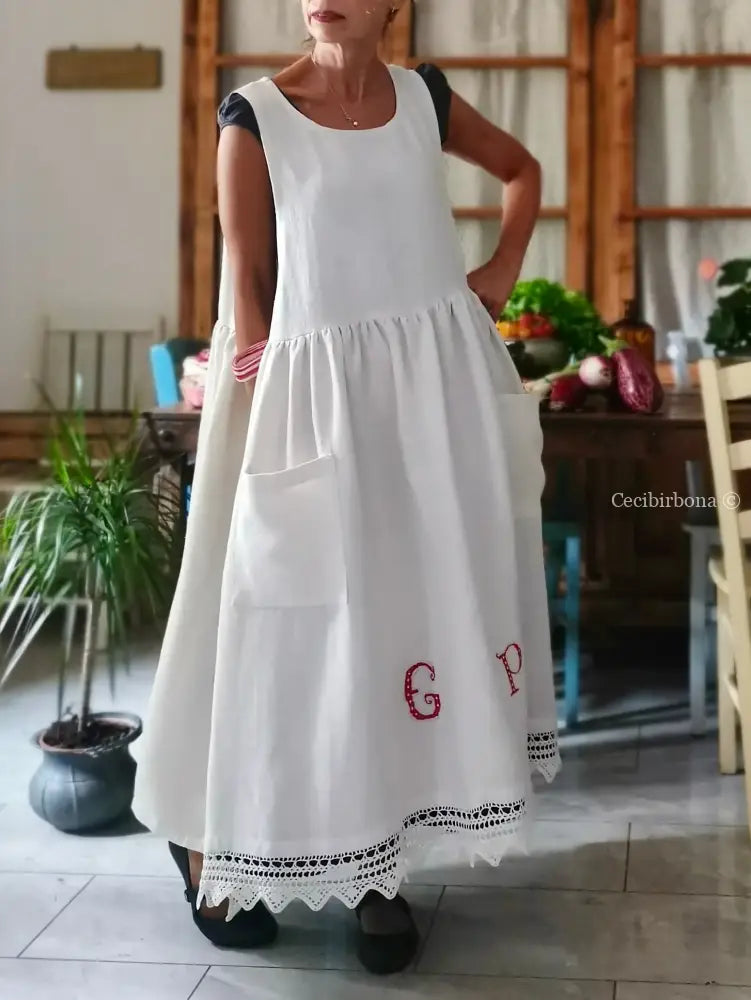 Grembiule in lino antico con monogramma PG e bordo all’uncinetto (Ref. 508) - grembiule donna tessuti antichi