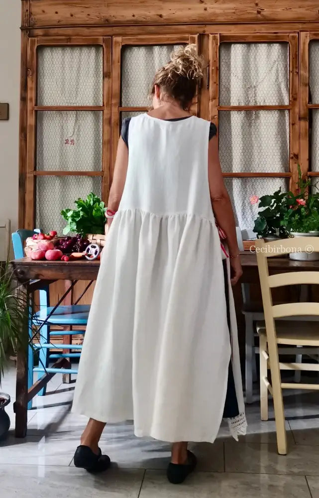 Grembiule in lino antico con monogramma PG e bordo all’uncinetto (Ref. 508) - grembiule donna tessuti antichi