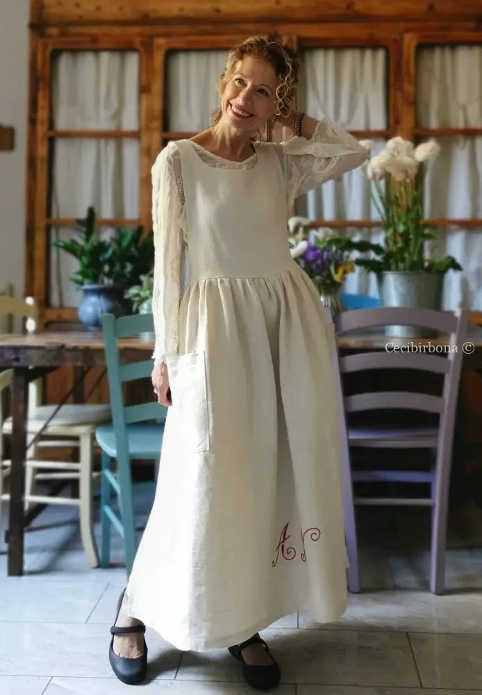 Grembiule in lino con monogramma rosso AN (Ref. 160) grembiule donna tessuti antichi