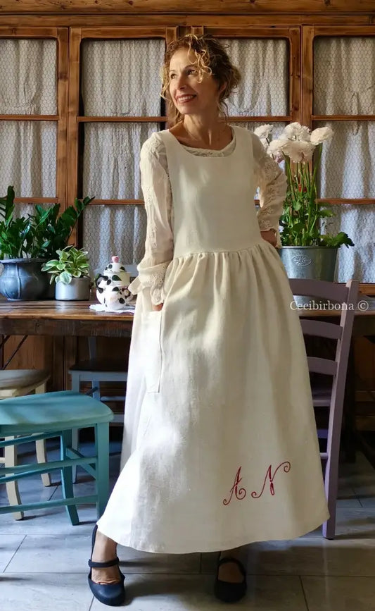 Grembiule in lino con monogramma rosso AN (Ref. 160) grembiule donna tessuti antichi
