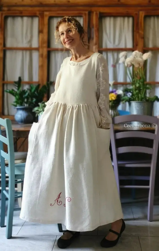 Grembiule in lino con monogramma rosso AN (Ref. 160) grembiule donna tessuti antichi