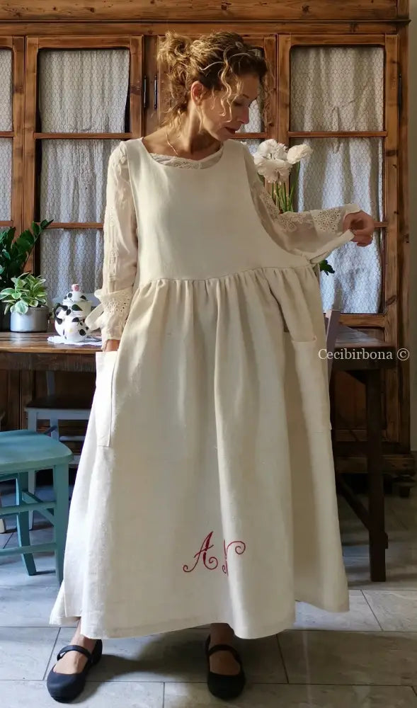 Grembiule in lino con monogramma rosso AN (Ref. 160) grembiule donna tessuti antichi