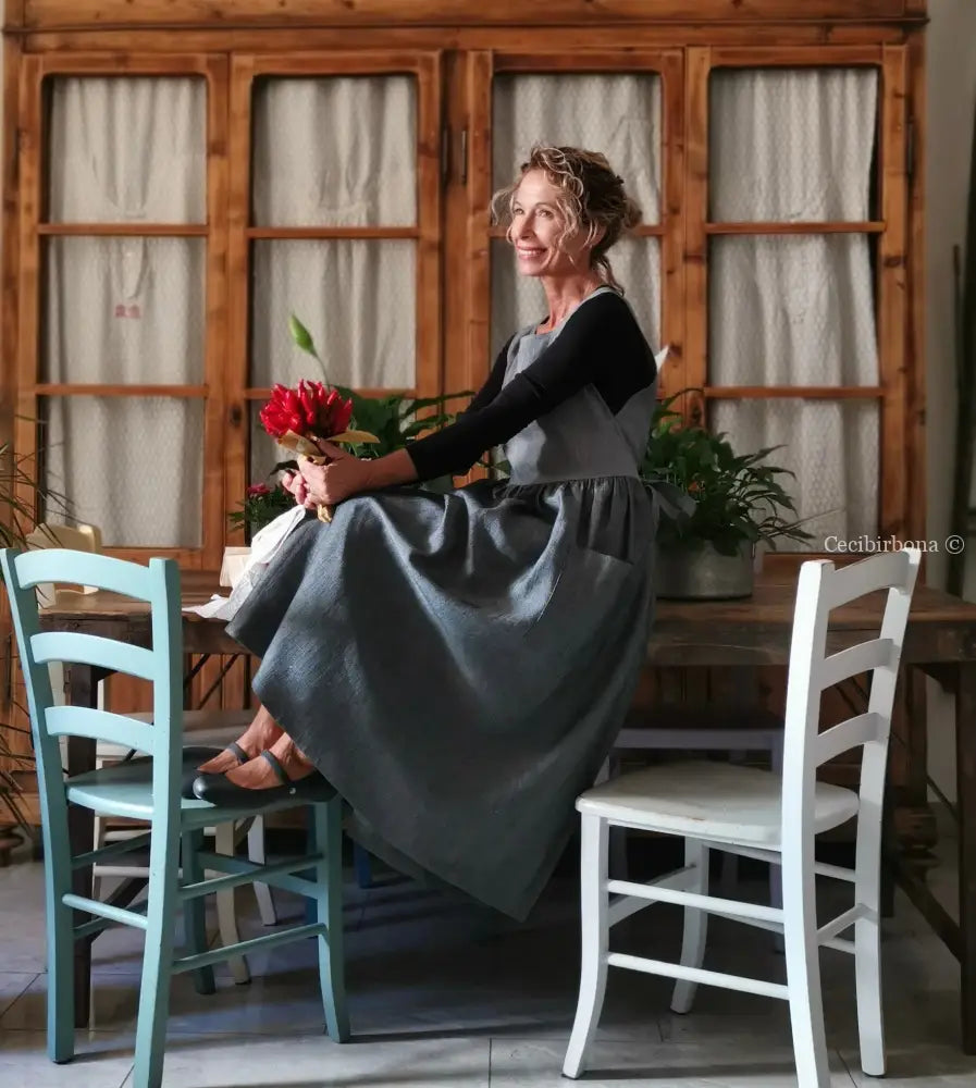 Grembiule in lino grigio patchwork (Ref. 413) grembiule donna tessuti moderni