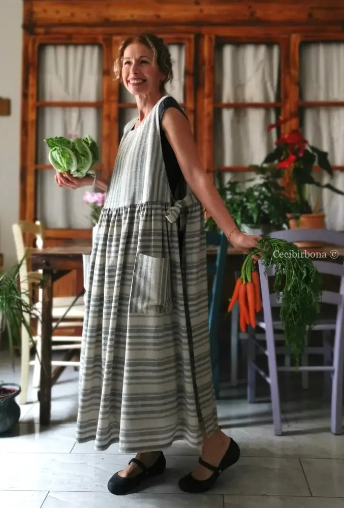 Grembiule in lino grigio rigato (Ref. 491) grembiule donna tessuti moderni