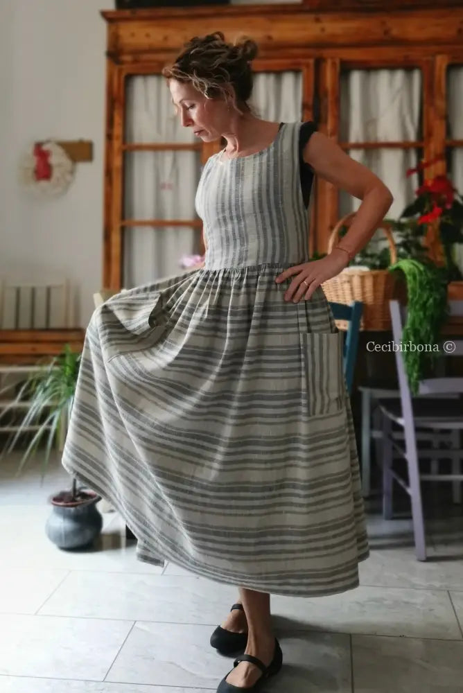 Grembiule in lino grigio rigato (Ref. 491) grembiule donna tessuti moderni