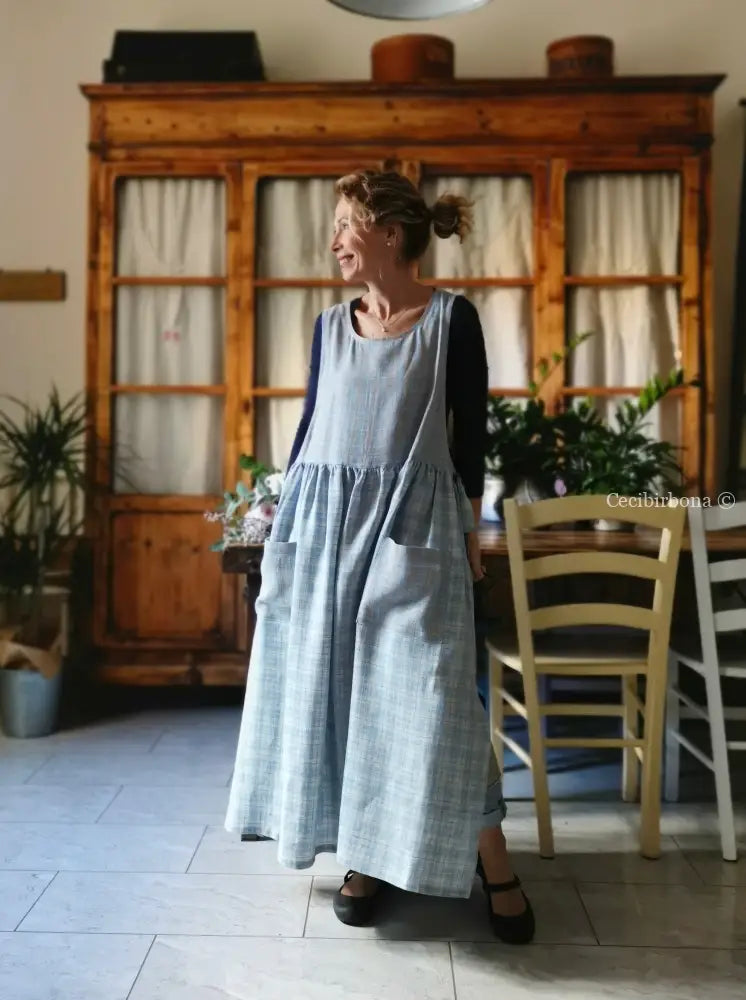 Grembiule in lino patchwork celeste (Ref. 390) grembiule donna tessuti moderni