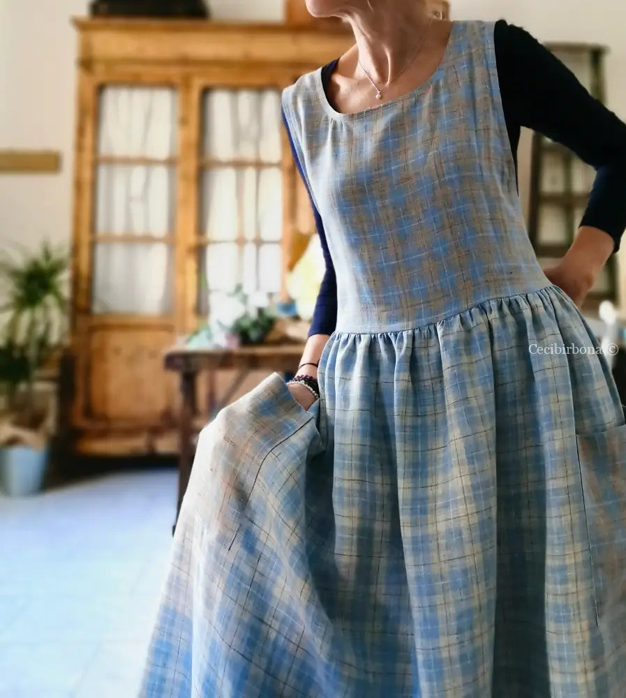 Grembiule in lino patchwork celeste (Ref. 390) grembiule donna tessuti moderni