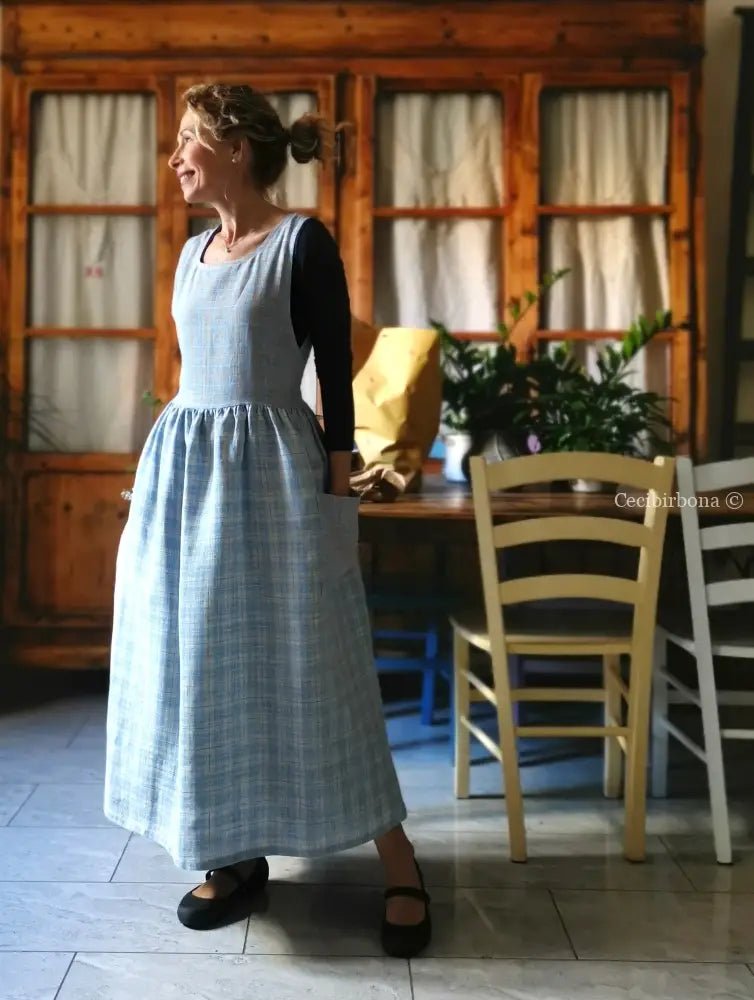 Grembiule in lino patchwork celeste (Ref. 390) grembiule donna tessuti moderni