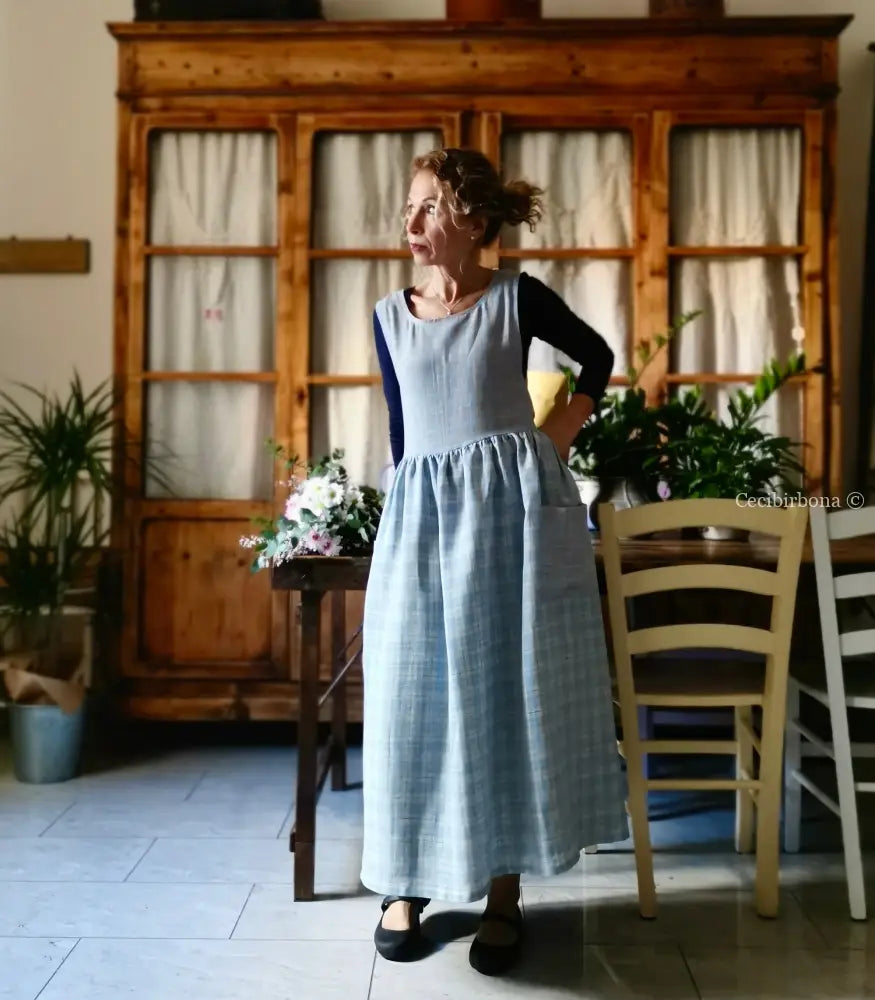 Grembiule in lino patchwork celeste (Ref. 390) grembiule donna tessuti moderni