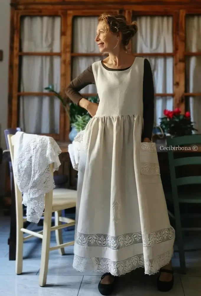 Grembiule in lino per donna da cucina con balza uncinetto (Ref. 94) grembiule donna tessuti antichi