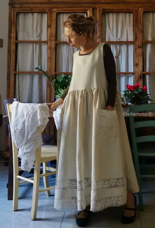 Grembiule in lino per donna da cucina con balza uncinetto (Ref. 94) grembiule donna tessuti antichi