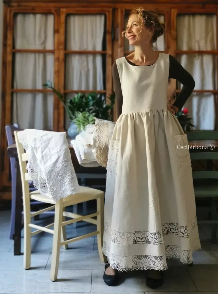 Grembiule in lino per donna da cucina con balza uncinetto (Ref. 94) grembiule donna tessuti antichi