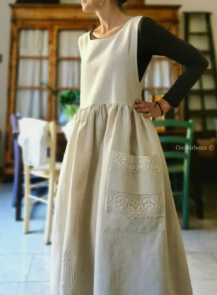 Grembiule in lino per donna da cucina con balza uncinetto (Ref. 94) grembiule donna tessuti antichi