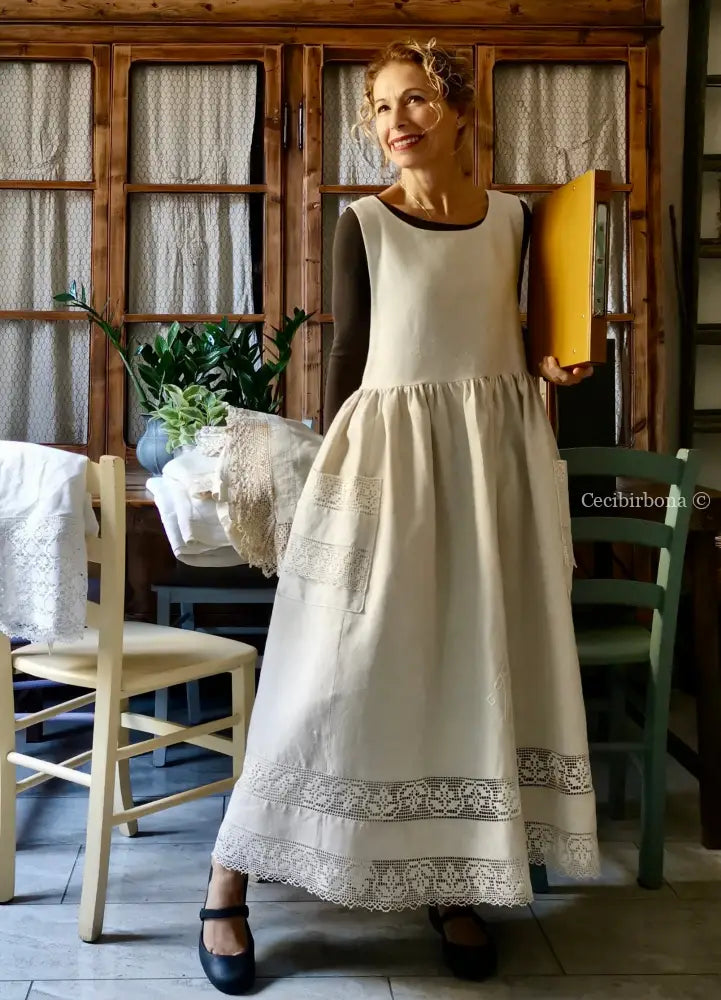 Grembiule in lino per donna da cucina con balza uncinetto (Ref. 94) grembiule donna tessuti antichi